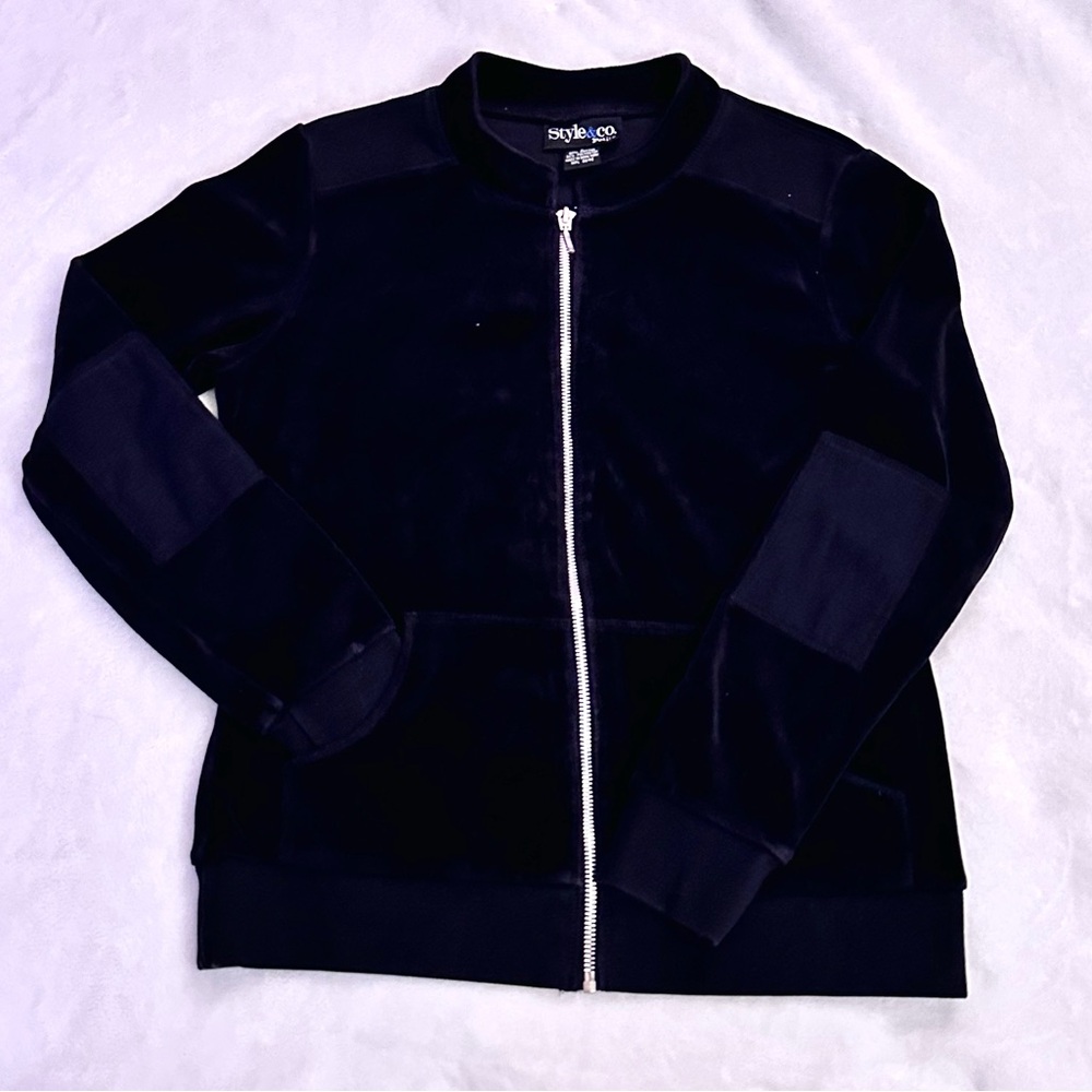 Style & Co. Petite Black Velvet/Velour Zip-Up Jacket with elbow patches